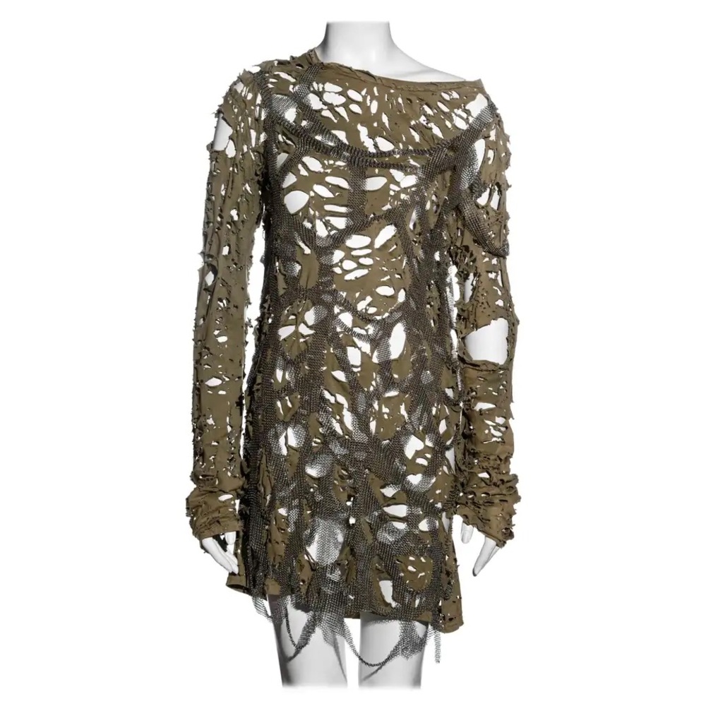 Balmain Olive Distressed Open-Knit Long Sleeve Mini Dress